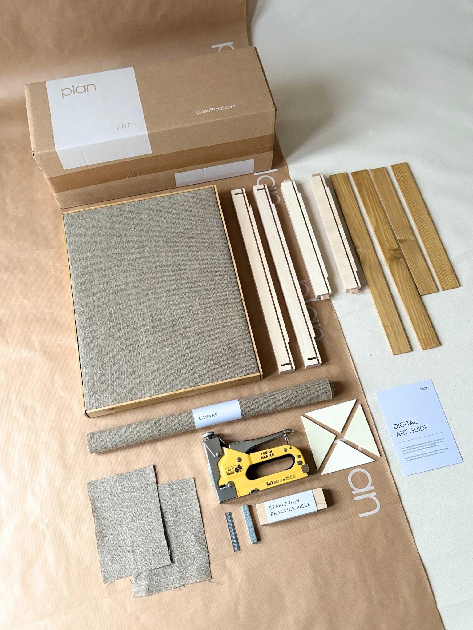 Small framed linen canvas kit with oak edge frame, featuring a custom inner frame, rolled linen canvas and oak edge frame pieces, designed as a premium blank framed canvas base.